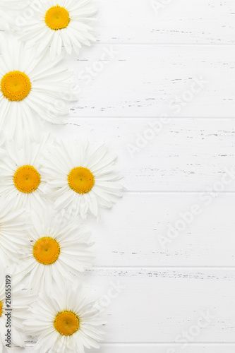 Garden chamomile flowers on wooden background © karandaev