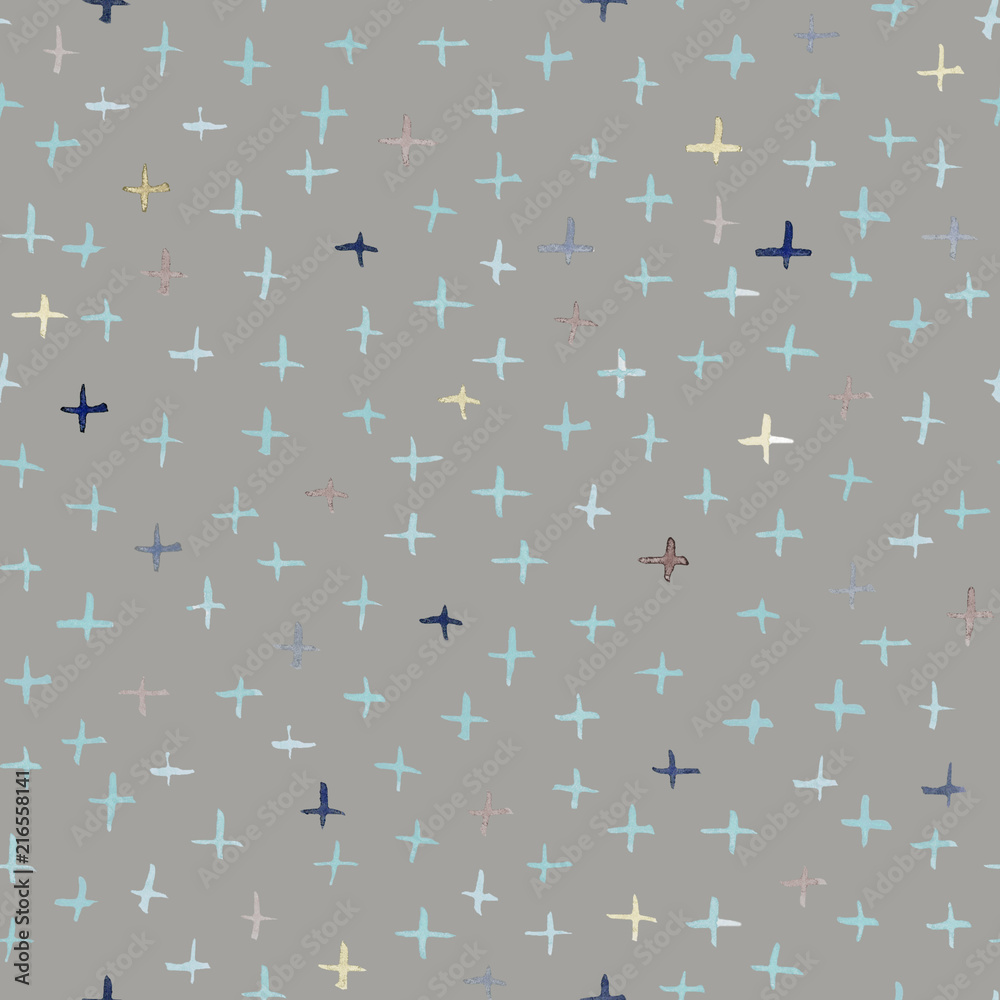 Fototapeta premium Dark gray seamless pattern illustration with watercolor blue, beige and pink crosses. Will be good for decor a postcard, posters,gift decor, wrapping paper, gift boxes, fabric and etc.