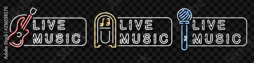 Vector set of realistic isolated neon sign of live music logo for decoration and covering on the transparent background. Concept of music, dj and concert.