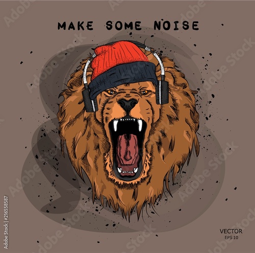 Fototapeta Naklejka Na Ścianę i Meble -  A hipster lion in headphones and  in cap on a background of blots. Vector illustration