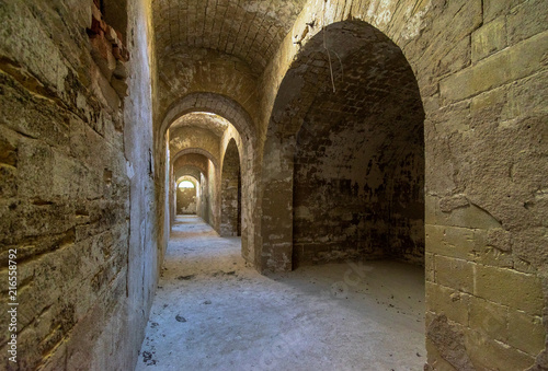 Stone arches in old fortess  perspective  passageway  Totleben fortess near Kerch