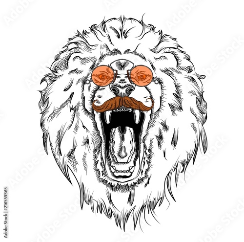 Fototapeta Naklejka Na Ścianę i Meble -  Portrait of a lion with a mustache in glasses. Can be used for printing on T-shirts, flyers and stuff. Vector illustration