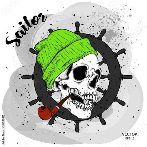 Portrait of a pirate skull in a hat. Can be used for printing on T-shirts, flyers, etc. Vector illustration