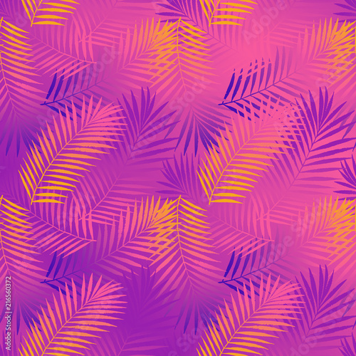 Summer tropical palm tree leaves seamless pattern. Vector grunge design for cards, web, backgrounds and natural product. Colorful fasion illustration