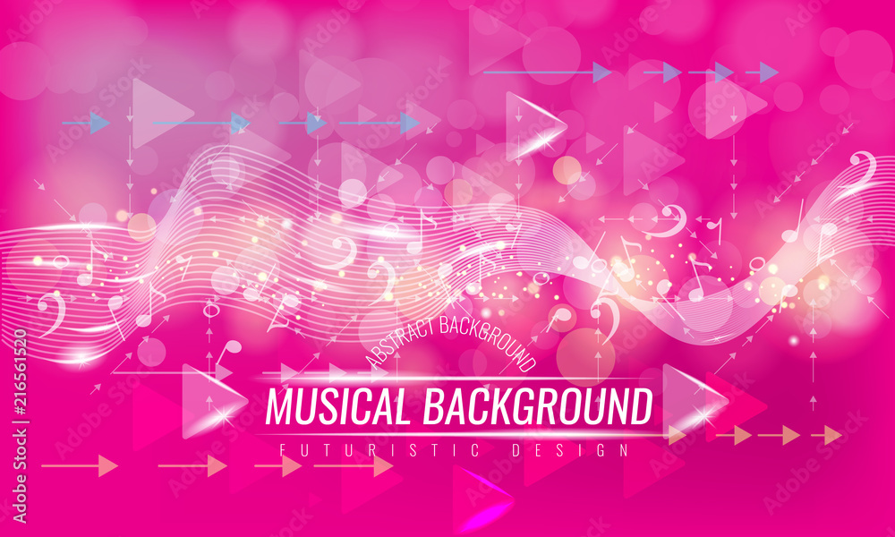 Abstract musical futuristic background with arrows and bokeh effect. Vector background. Pink color
