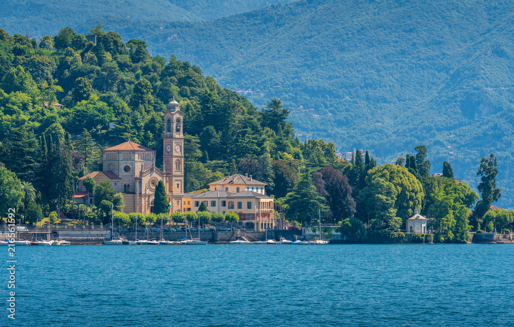 Scenic view in Tremezzo, with San Lorenzo Church overlooking Lake Como. Lombardy, Italy.