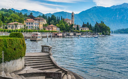 Scenic view in Tremezzo, with Villa Carlotta stairs and San Lorenzo Church in the background. Lake Como, Lombardy, Italy. photo
