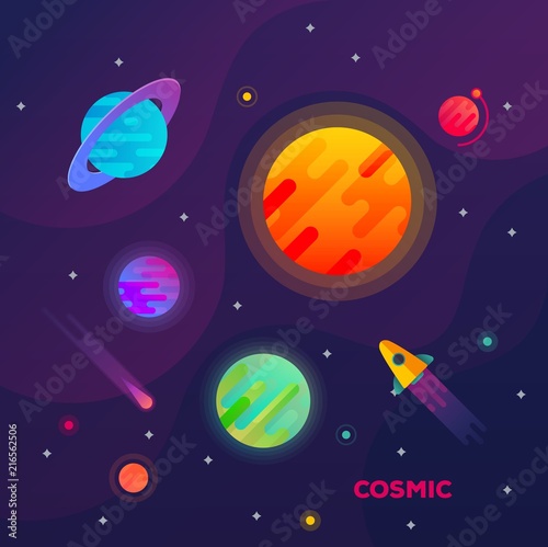 Galaxy or space with planets and spaceship, comet