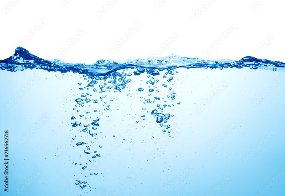 blue water with splash and air bubbles underwater on white background blue water with splash and air bubbles underwater on white background