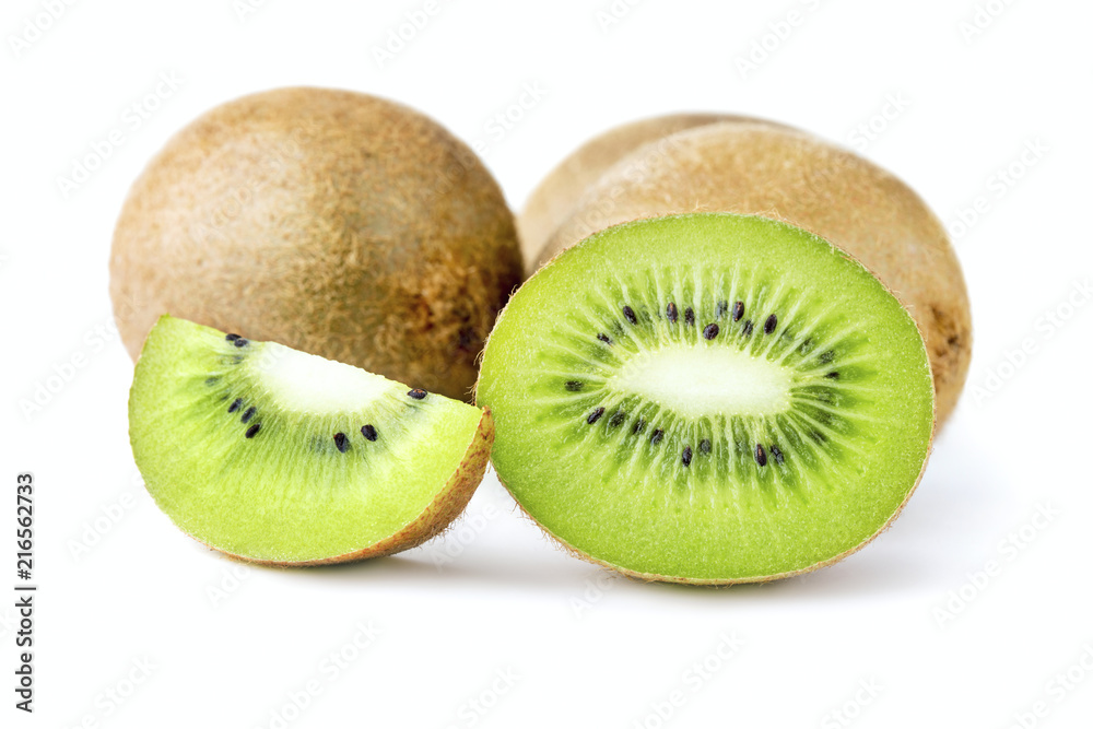 whole and sliced kiwi fruits isolated on white background whole and sliced kiwi fruits isolated on white background