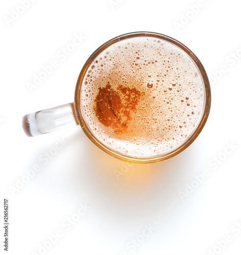 top view of  mug of beer with frosh isolated on white background
