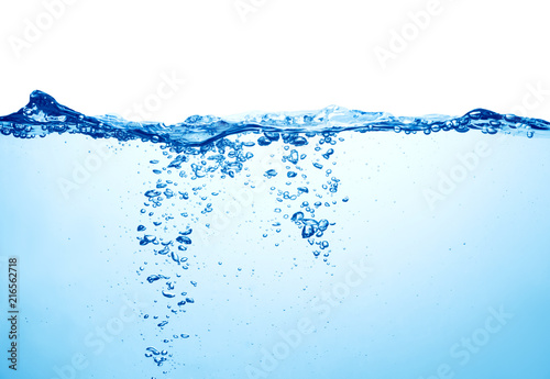 blue water with splash and air bubbles underwater on white background