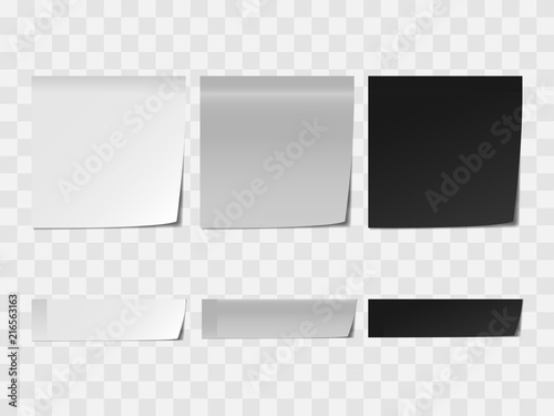 Vector realistic white and black memo sticker mock up isolated on transparent background. 3d square paper sheet mockup illustration for your design. Sticky note paper reminder templates.