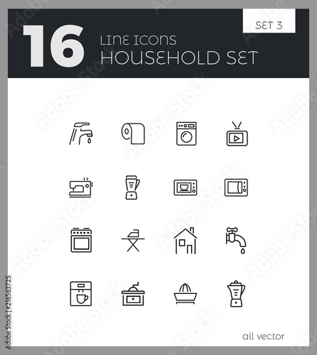 Household icons. Set of  line icons. Washing machine, TV set, sewing machine. Domestic appliances. Vector illustration can be used for topics like housework, housekeeping, technology