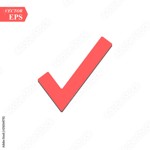 Red check mark icon. Tick symbol in red color, vector illustration.