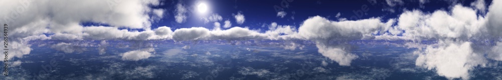 Panorama of the clouds. The sky with clouds and sun.
3D rendering
