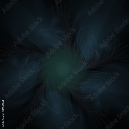 Petal Nebula - Fractal flame with five-fold rotational symmetry. Hazy petal-like structures surround a green blob. Faint strands emerge from the petals to form a star in the middle.