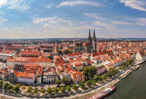 Aerial photography of Regensburg city, Germany. Danube river, architecture, Regensburg Cathedral and Stone Bridge