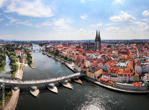 Aerial photography of Regensburg city, Germany. Danube river, architecture, Regensburg Cathedral and Stone Bridge photo