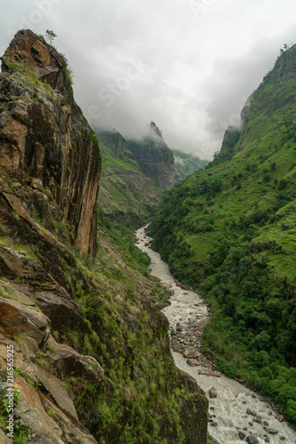 Looking from the trail into the deep gorge of the Annapurna Circuit