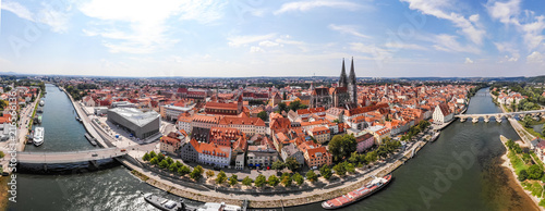 Panoramic landscape with view on Danube river and Regensburg city architecture, Germany, Aerial photography photo