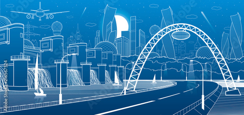 City infrastructure industrial and energy illustration. Hydro power plant. River Dam. Automobile road. Illuminated highway. White lines on blue background. Vector design art