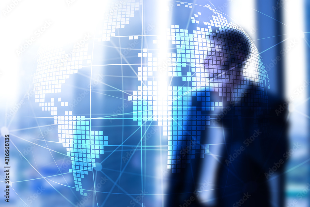 Obraz premium 3D Earth hologram on blurred background.Global business and communication concept.