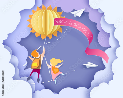 Back to school 1 september card with kids and sun on blue sky background. Vector illustration. Paper cut and craft style.
