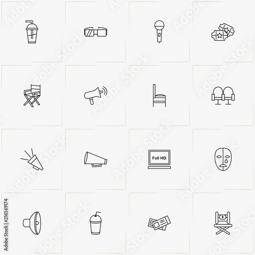 Cinema line icon set with cinema spectacles, producer chair and television