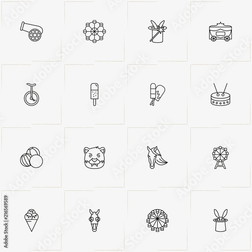 Circus line icon set with drum, ice cream and rabbit in hat