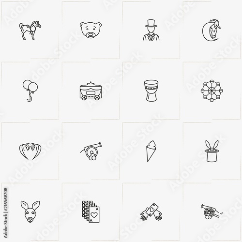 Circus line icon set with donkey, game cards and bear