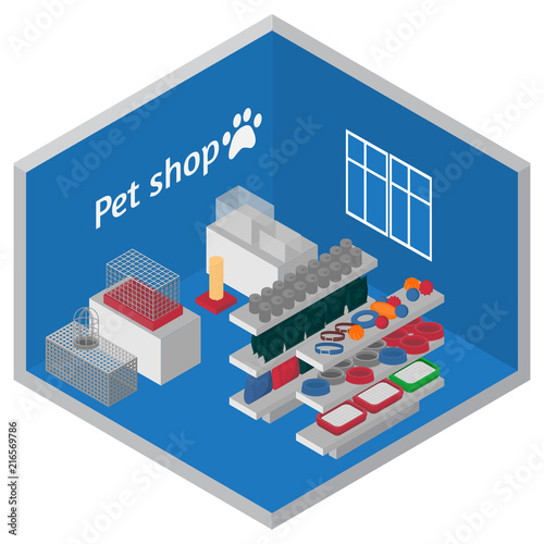 Isometric Pet shop interior. Cats and dogs grooming, playing and feeding Equipment. Veterinary store isometry