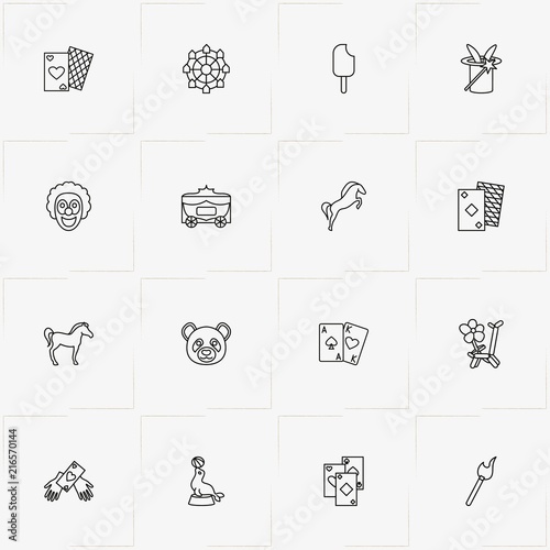 Circus line icon set with panda, rabbit in hat and brougham
