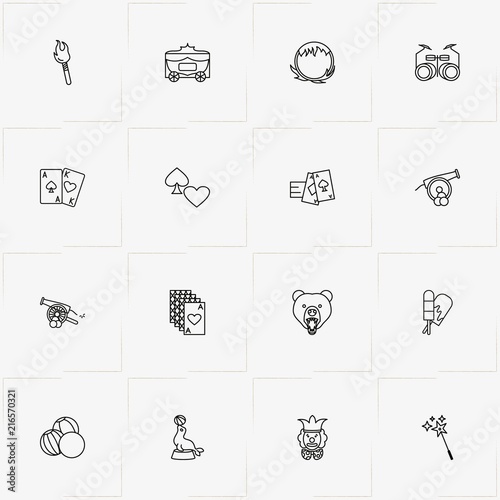 Circus line icon set with fire circle, game cards and brougham