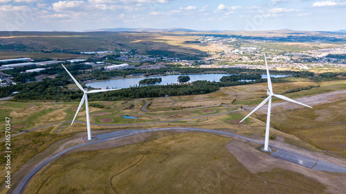 Large wind turbines on a rural hillside in Wales (Tredegar) photo