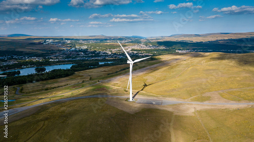 Large wind turbines on a rural hillside in Wales (Tredegar) photo