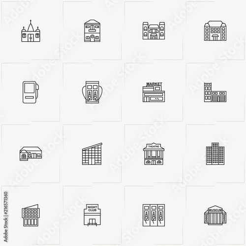 City Building line icon set with market , petrol station  and church