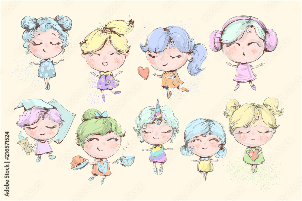 Set with cute little baby girl with coffee, smiling, jumping and listeting music , holding heart, little princess collection