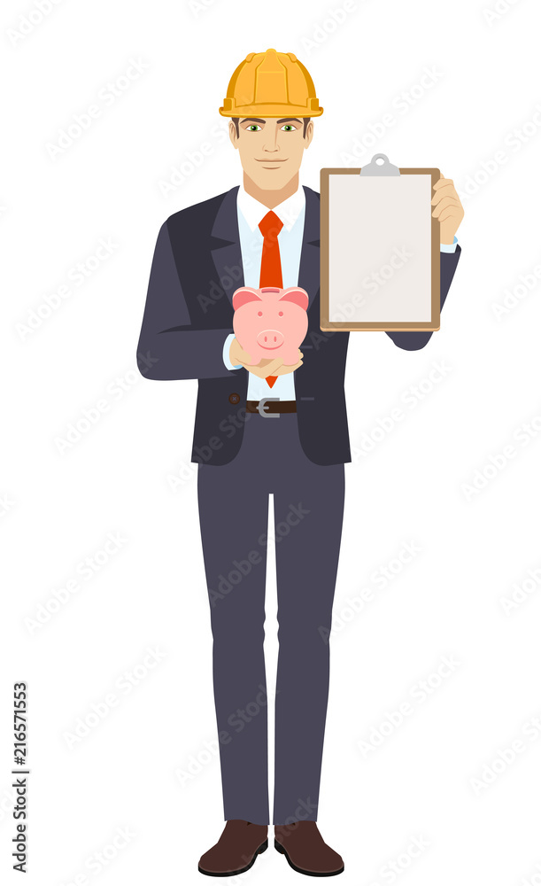 Businessman in construction helmet holding piggy bank and clipboard Businessman in construction helmet holding piggy bank and clipboard