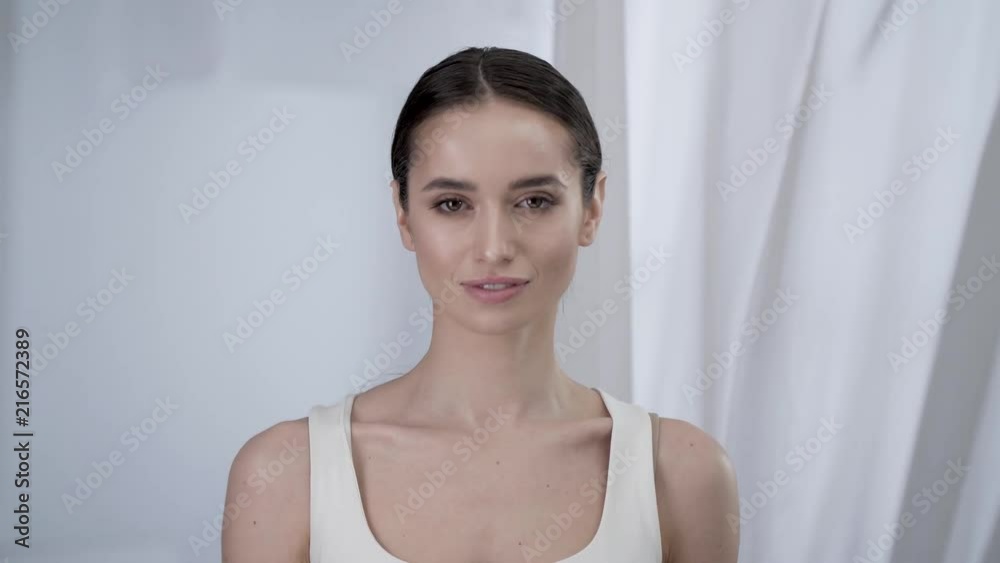 Woman Beauty. Portrait Beautiful Smiling Girl Touching Face Skin Woman Beauty. Portrait Beautiful Smiling Girl Touching Face Skin
