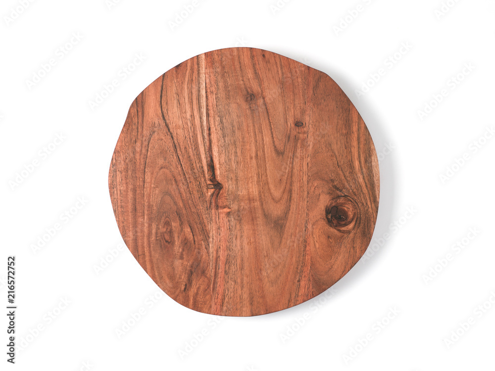 Round wooden tray or cutting board isolated on white background. Top view  of empty kitchen trendy