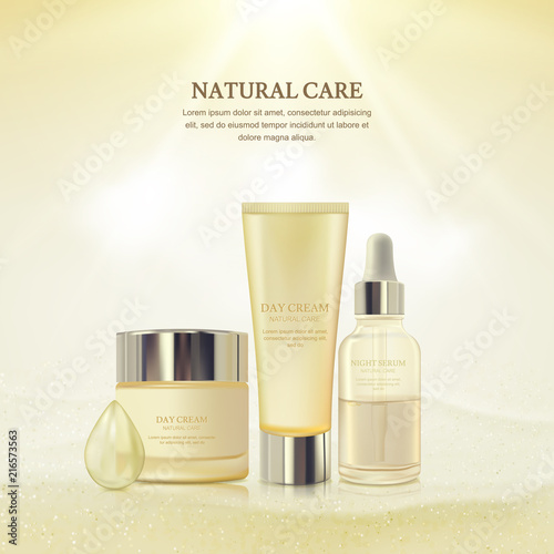 Vector realistic 3d illustration of cosmetic cream, mask, serum on gold background