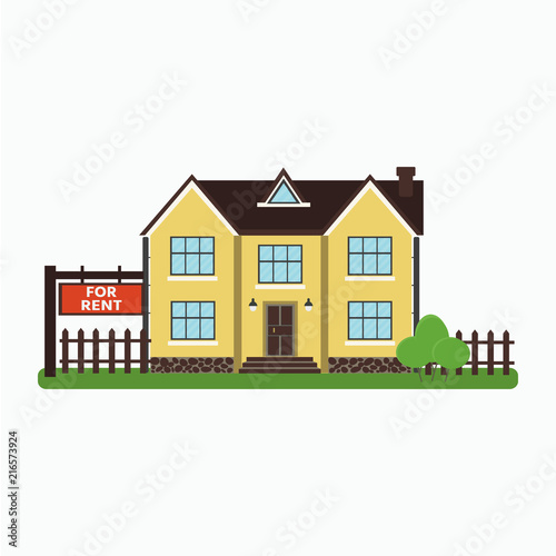 The house and sign with text "For rent" in the foreground. Vector illustration. Real Estate concept, template for sales, rental, advertising. Vector illustration.
