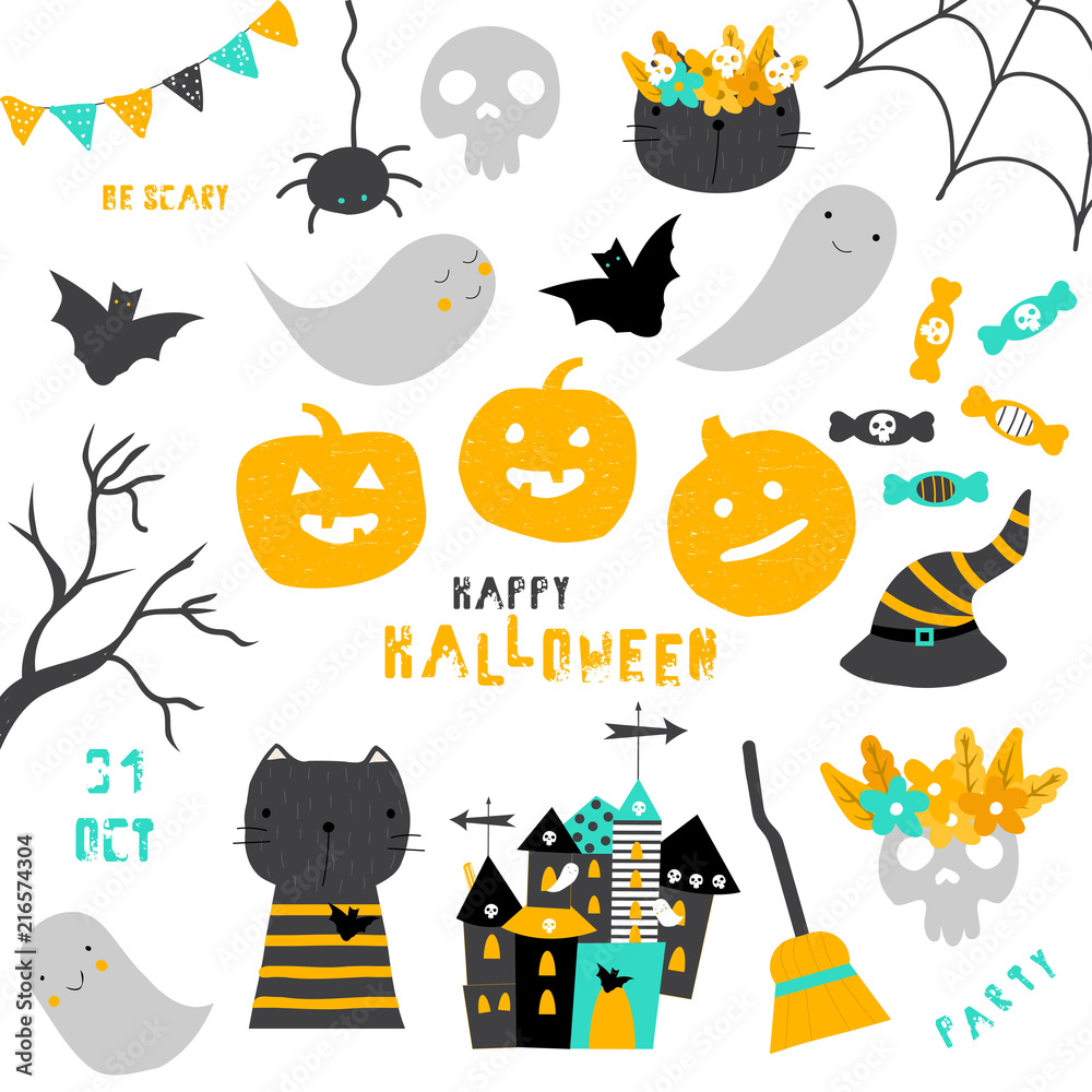 Set of cute Halloween icons. Vector hand drawn illustration. Set of cute Halloween icons. Vector hand drawn illustration.