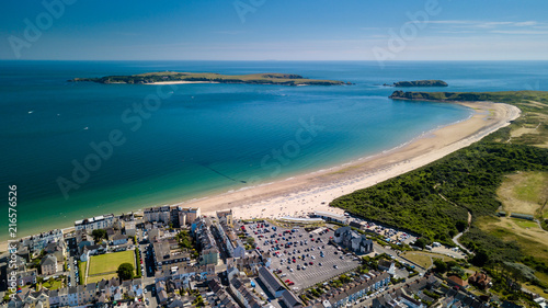 Aerial drone view of the picturesque and colorful Welsh seaside town of Tenby