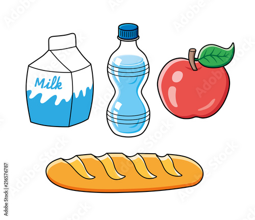 Milk carton, water bottle, red apple fruit, baguette bread. Food icons set isolated.