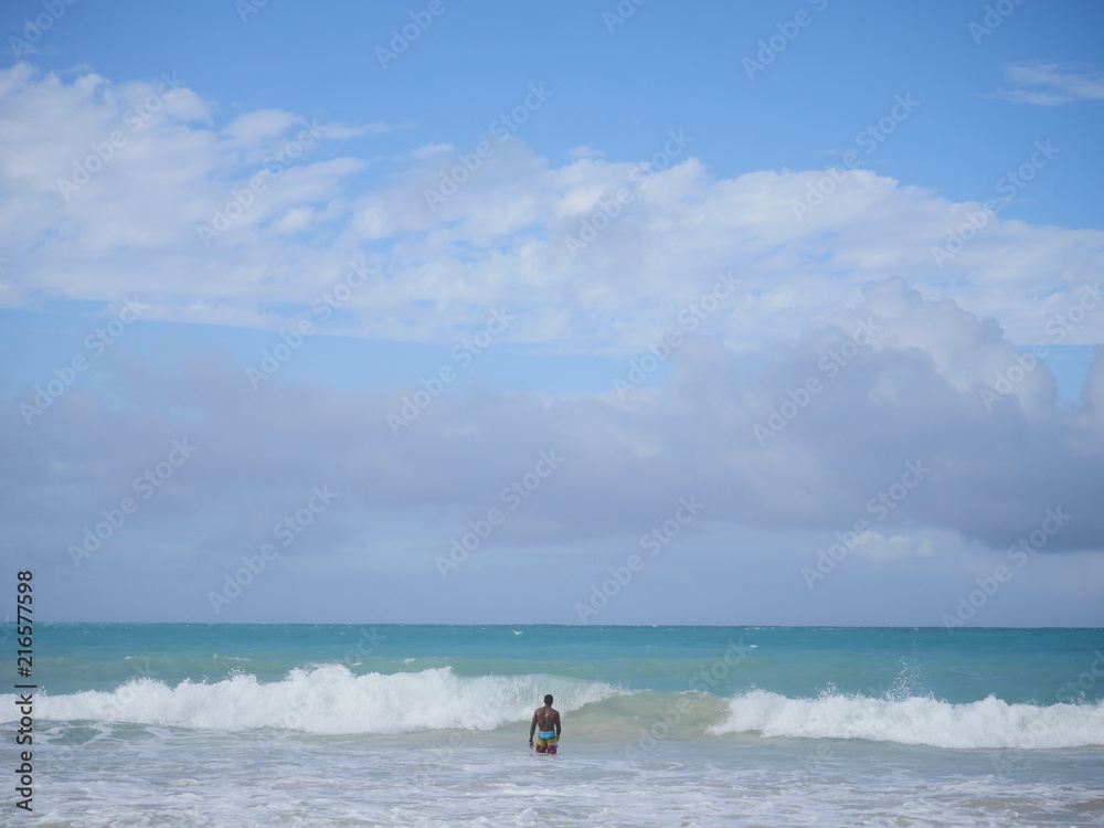 black man African american from behind, standing at the beach looking on big waves black man African american from behind, standing at the beach looking on big waves
