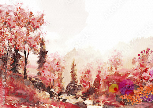 Watercolor autumn landscape.