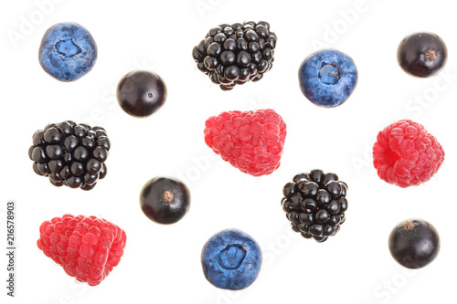 blackberry blueberry raspberry black currant isolated on white background. Top view. Flat lay pattern