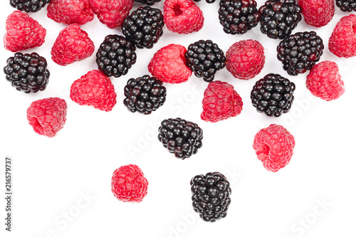 blackberry and raspberry isolated on white background. Top view. Flat lay pattern